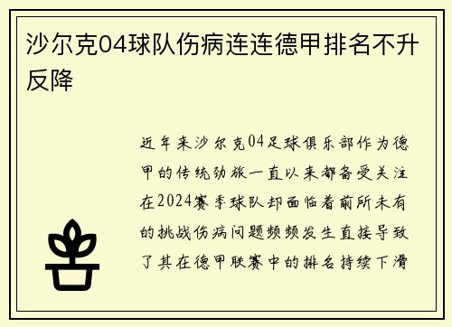 沙尔克04球队伤病连连德甲排名不升反降