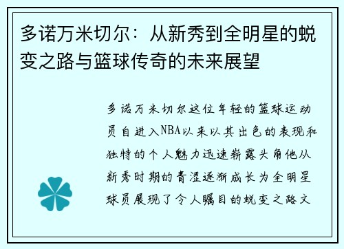 多诺万米切尔：从新秀到全明星的蜕变之路与篮球传奇的未来展望